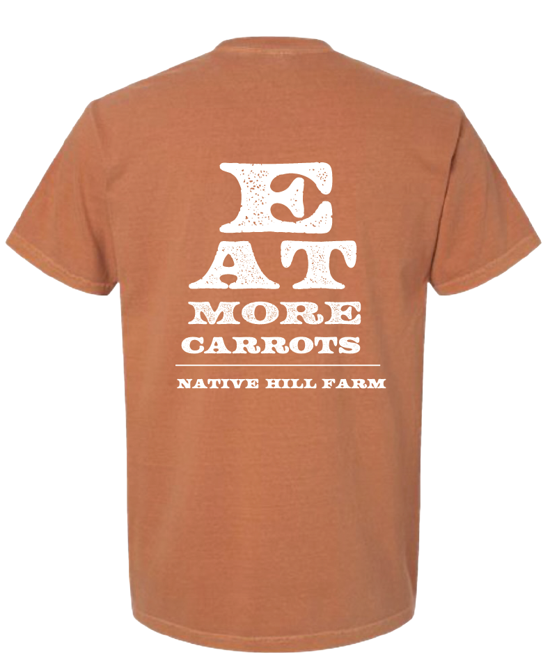 Eat More Carrots tee, back print, terracotta
