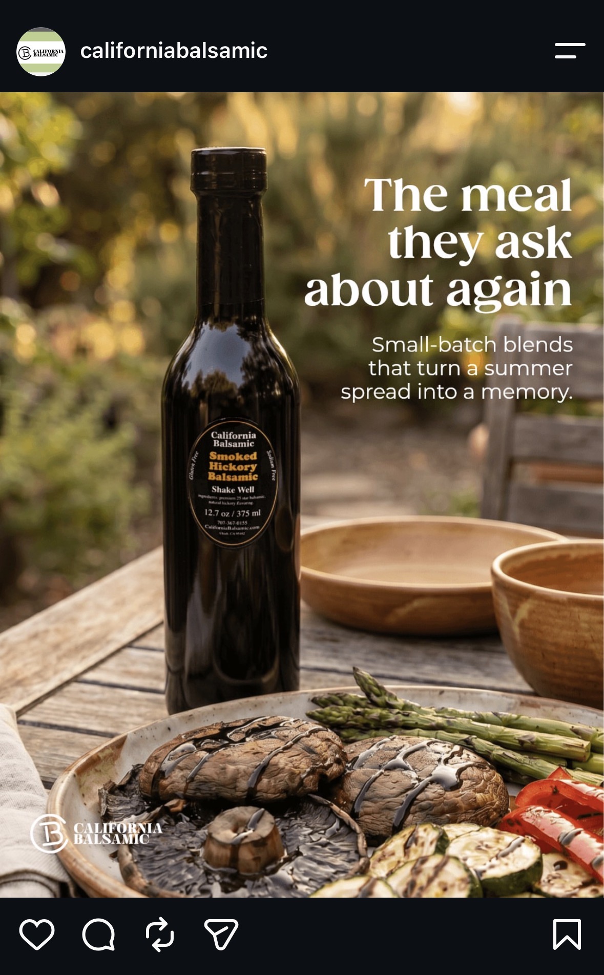 Social post — Smoked Hickory Balsamic with grilled vegetables outdoors