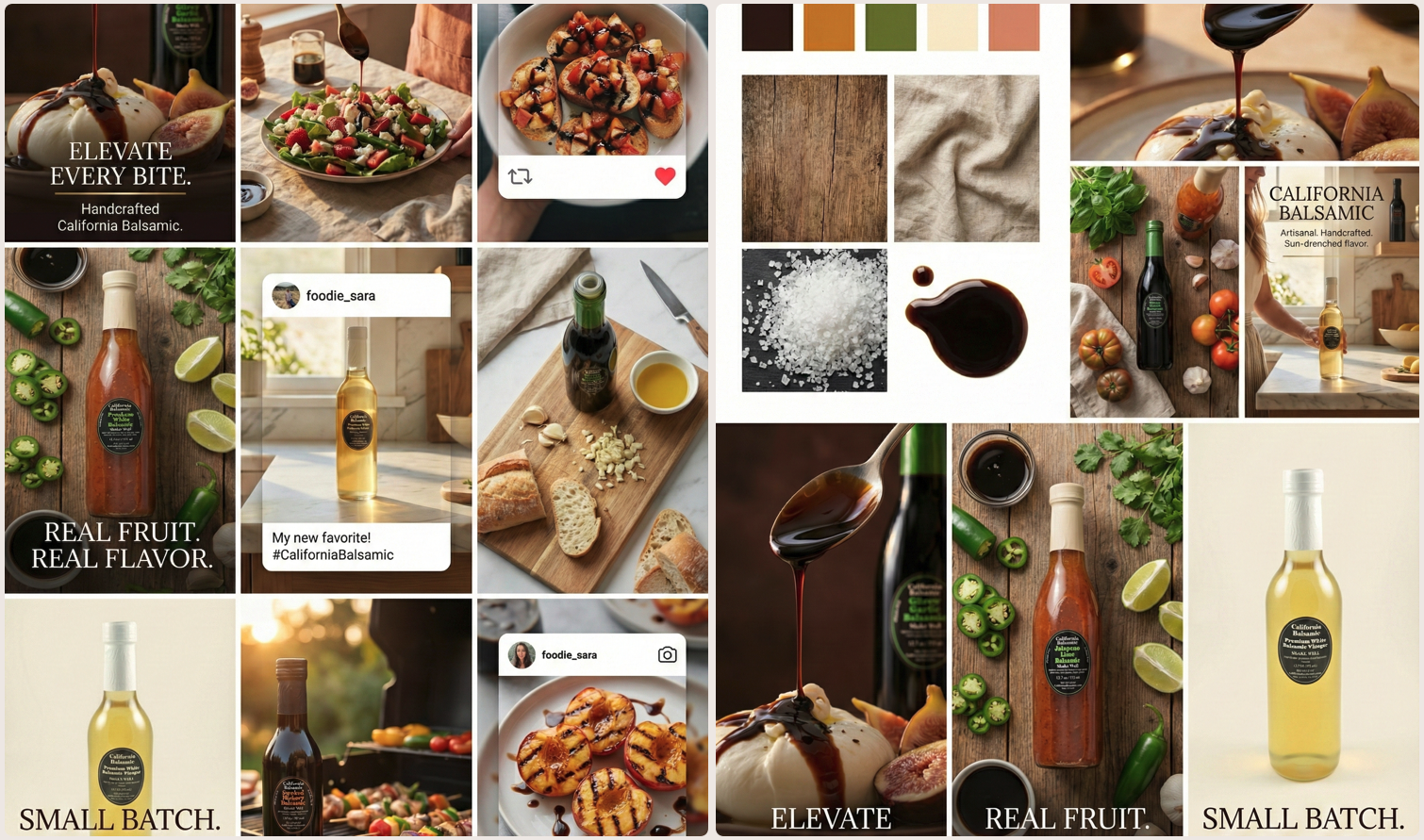 California Balsamic art direction inspiration board with palette, textures and campaign frames