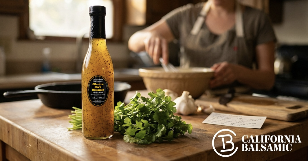 Cilantro Herb Balsamic email header with the bottle in a warm kitchen