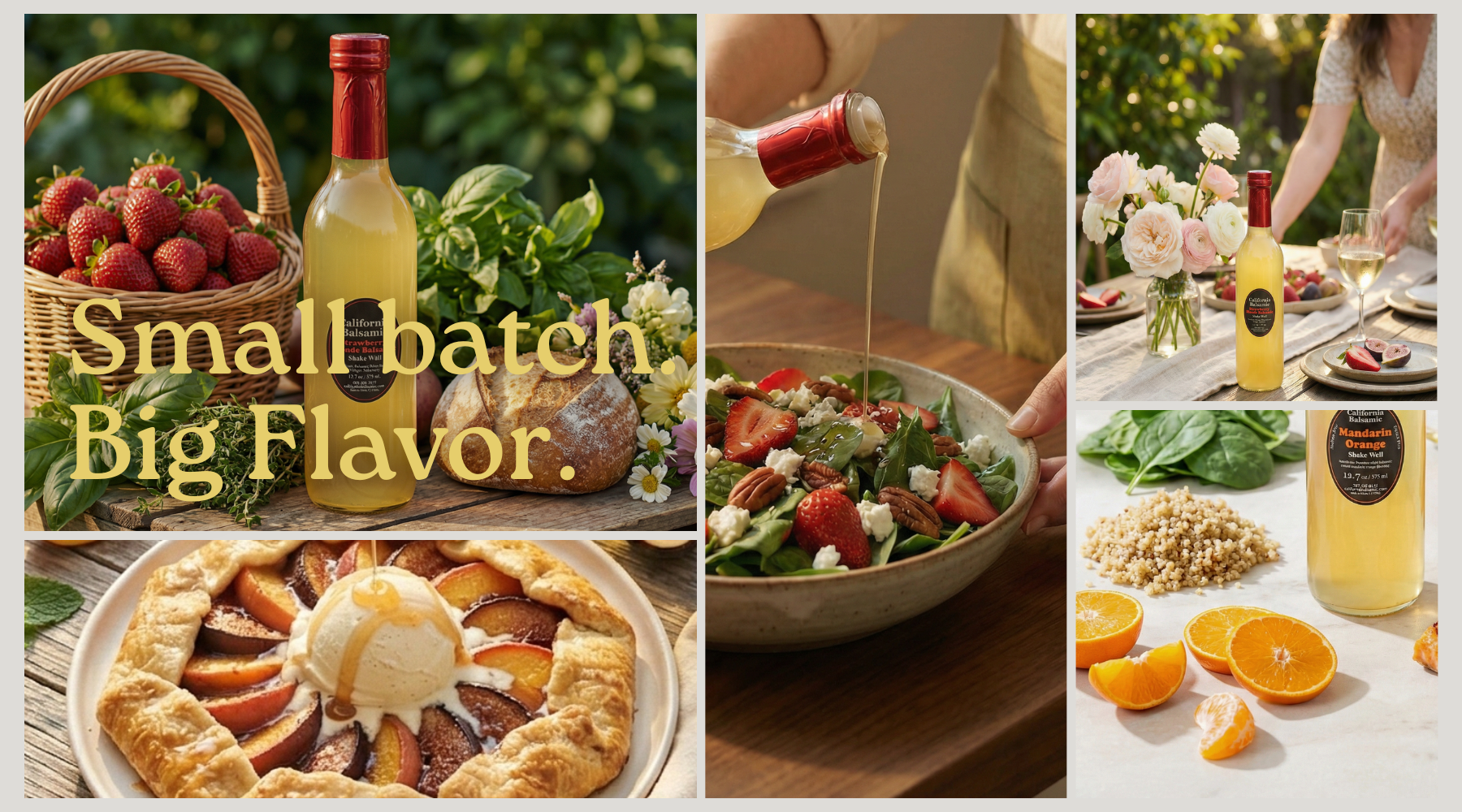 Small batch. Big Flavor. campaign collage of product, produce and prepared dishes