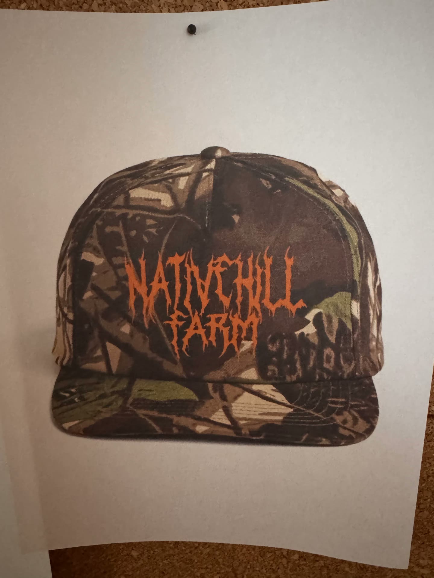 Printed concept of the camo death metal Native Hill Farm hat
