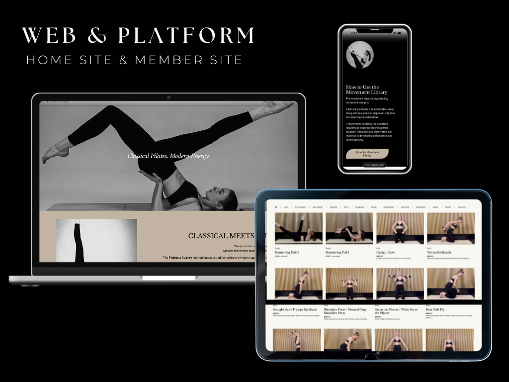 Pilates x Audrey home site and member movement library shown on laptop, tablet and phone