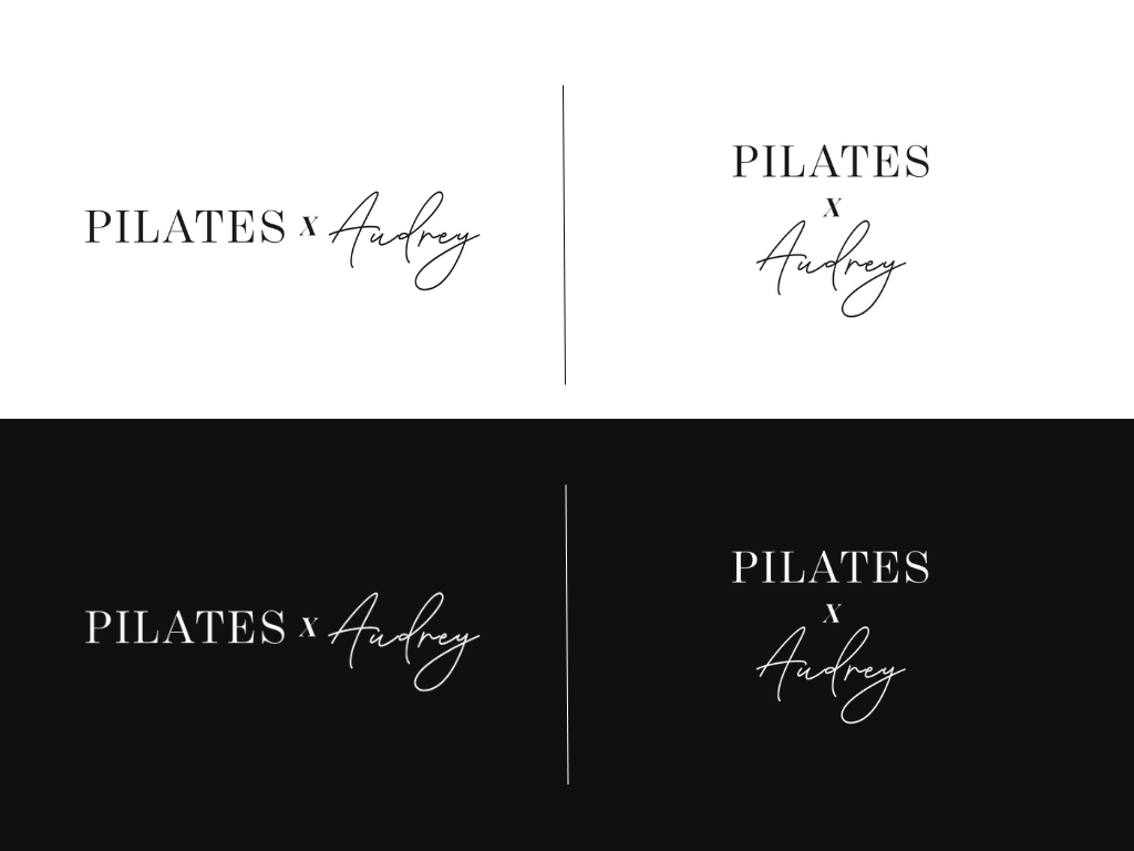 Pilates x Audrey logo suite in horizontal and stacked lockups, light and dark