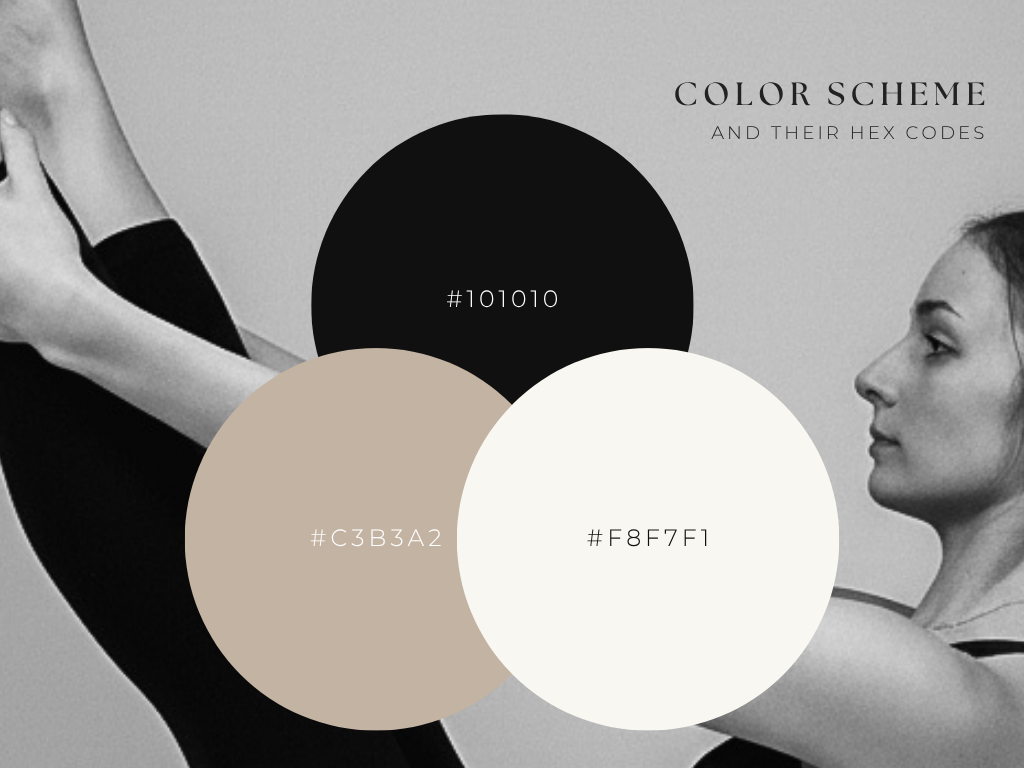 Pilates x Audrey color scheme: #101010, #C3B3A2 and #F8F7F1
