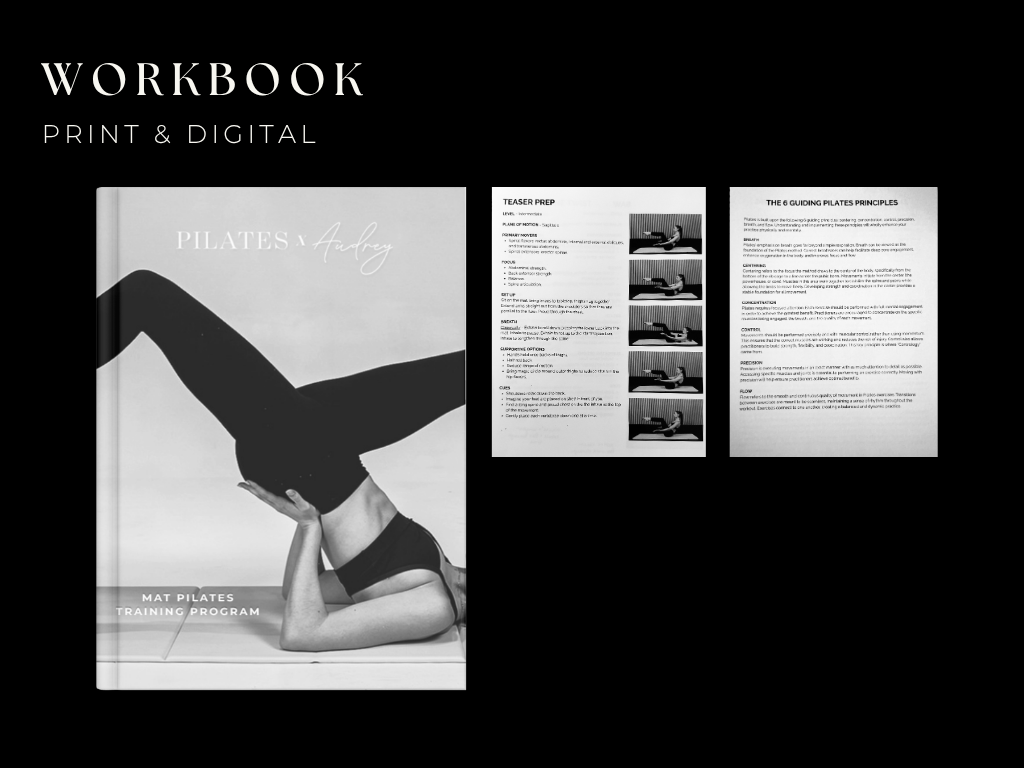 Pilates x Audrey printed mat Pilates training workbook with interior spreads