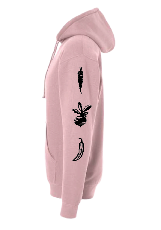 Dusty rose hoodie sleeve print — carrot, radish, pepper