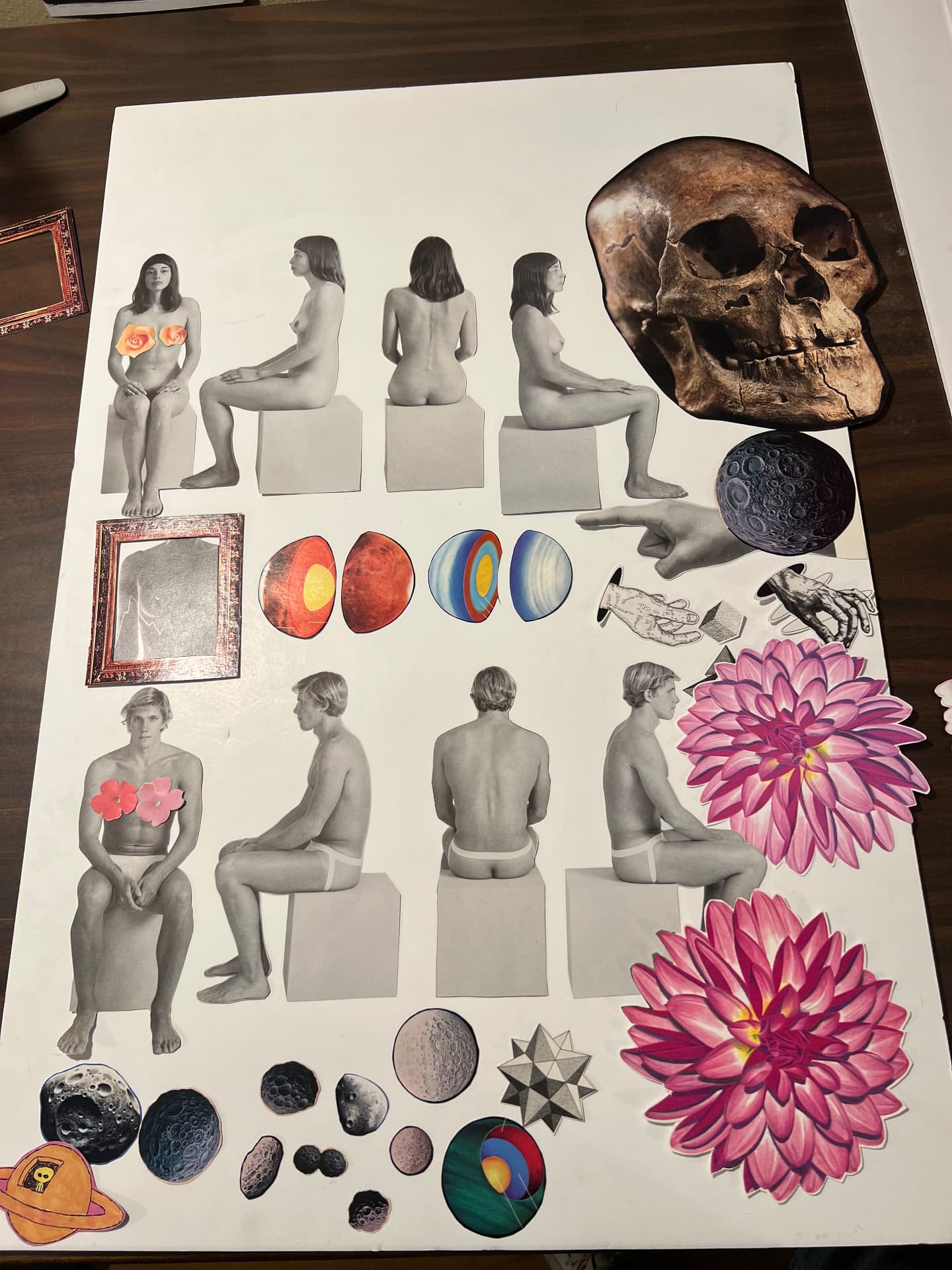 Hand-cut collage elements laid out for the Amour stop motion