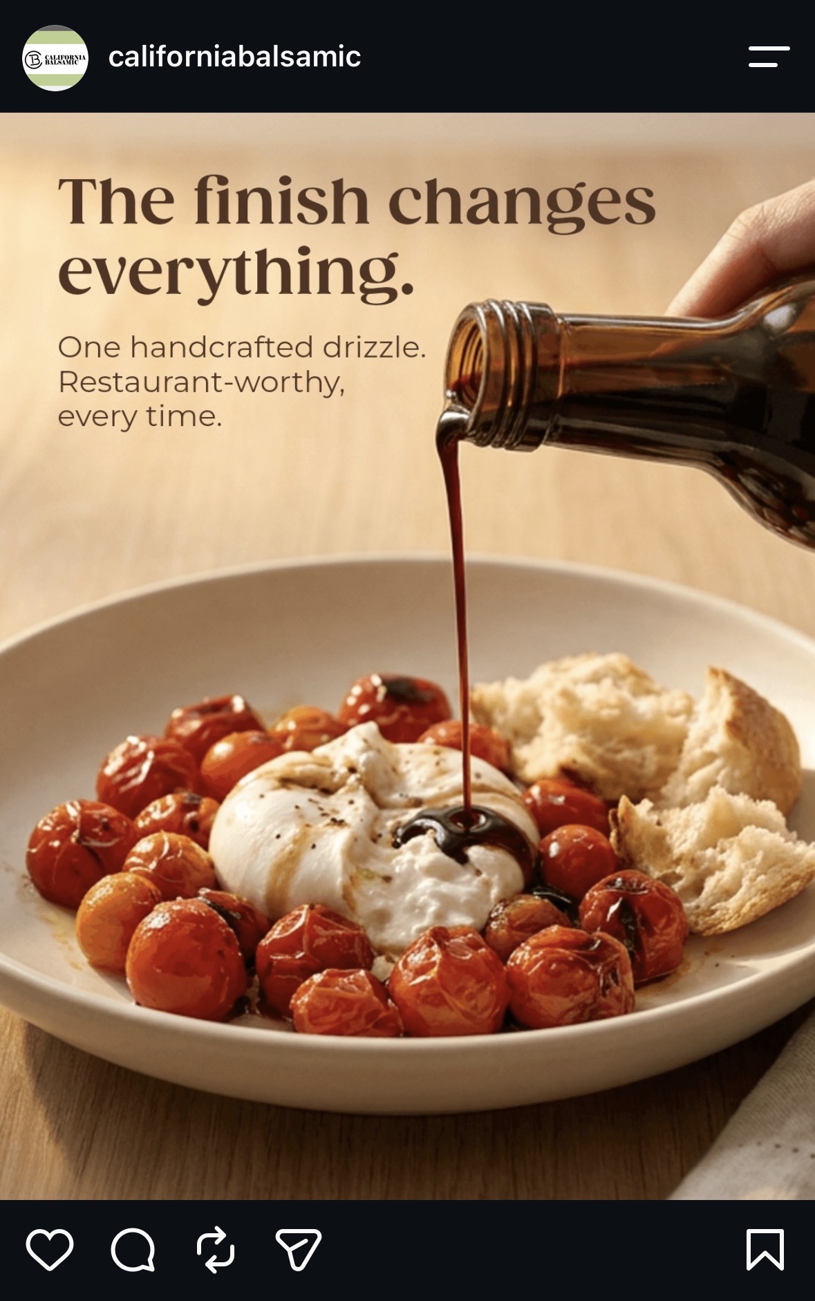 Social post — balsamic poured over burrata and blistered tomatoes